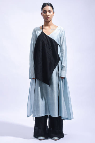 Aqua black silk kurta set
