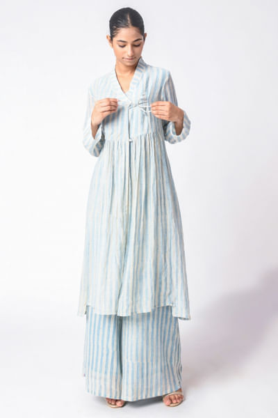 Blue block printed tunic set