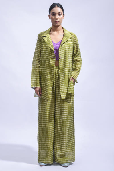 Green block printed blazer set