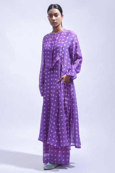 Violet block printed silk kurta set