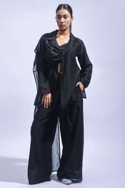 Black printed wrap sari blazer set
