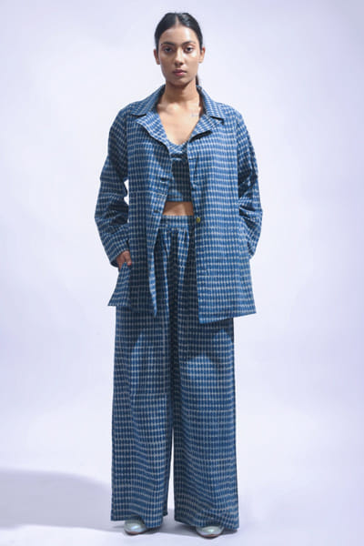 Blue block printed blazer set