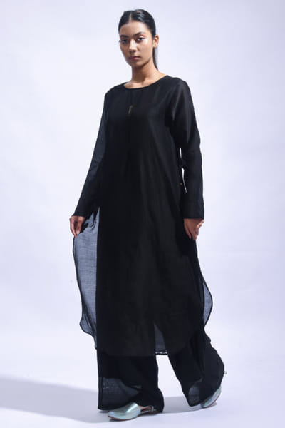 Black block printed silk kurta set