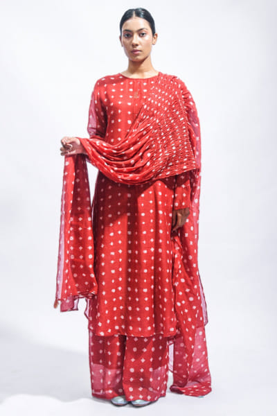 Red printed smocked kurta set