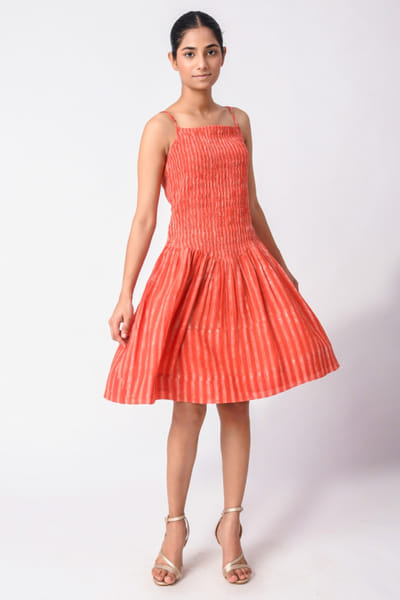 Coral red block printed dress