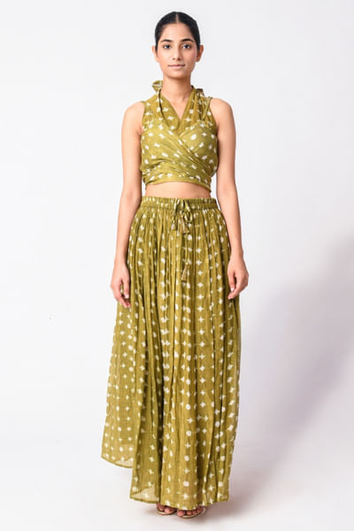Green block printed skirt set