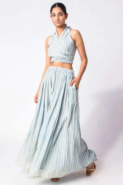 Blue block printed skirt set