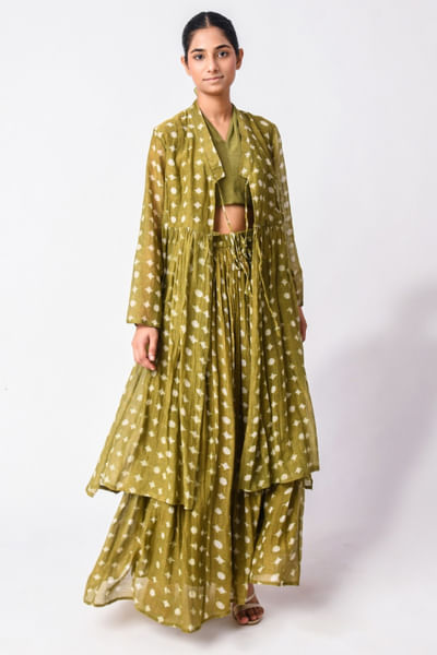 Green block printed tie-up tunic set
