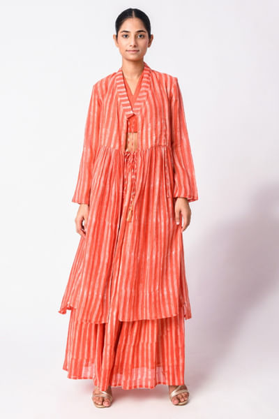 Coral red block printed tie-up tunic set