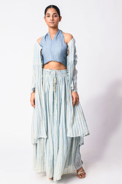 Blue block printed tie-up tunic set