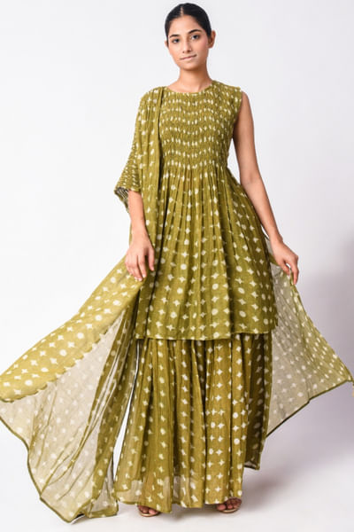 Green block printed tunic skirt set