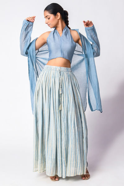 Blue stripe printed skirt set
