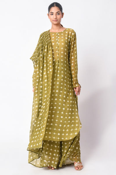 Green block printed kurta set