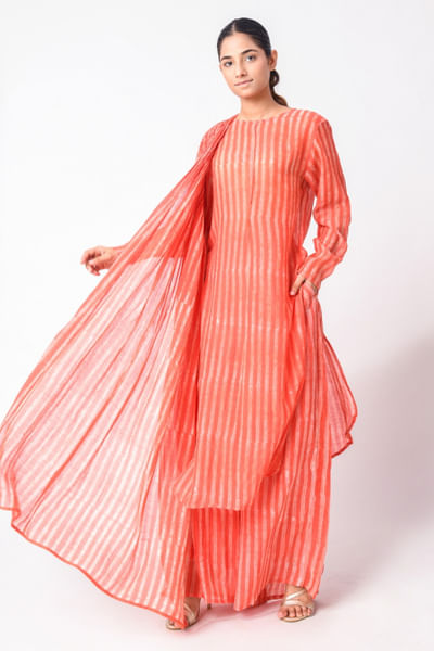 Red block printed kurta set