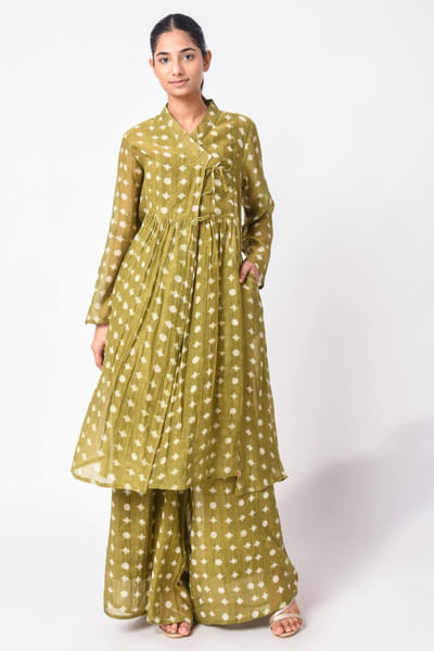 Green block printed tunic set