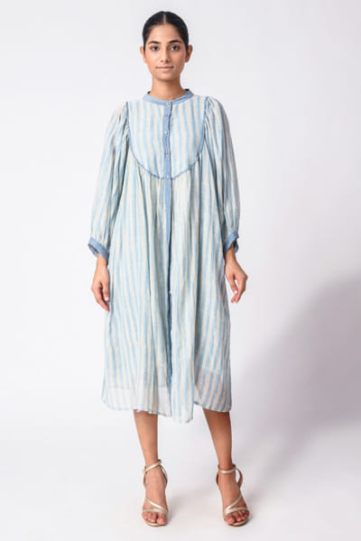 Blue block printed stripe dress