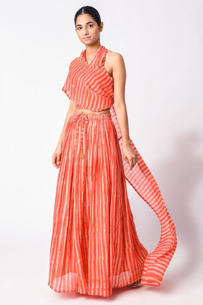Red coral block printed skirt sari set