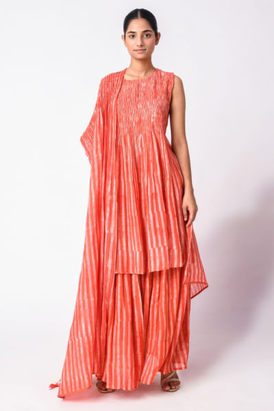 Red block printed tunic skirt set