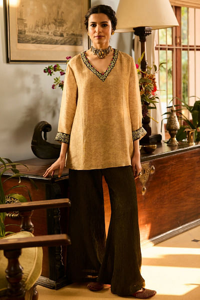 Cream cord embroidered short kurta set