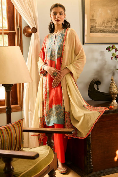Orange printed kurta set