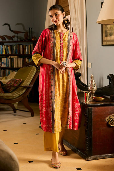 Yellow printed A-line kurta set