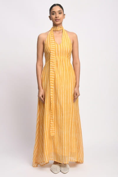 Jayati Goenka Yellow dabu block printed halter-neck dress JAYAAPR26D143202