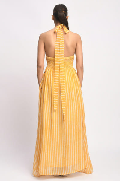Jayati Goenka Yellow dabu block printed halter-neck dress JAYAAPR26D143202