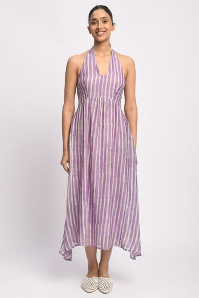 Jayati Goenka Purple dabu block printed halter-neck dress JAYAAPR26D143203