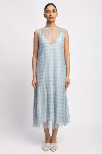 Jayati Goenka Blue dabu block printed midi dress JAYAAPR26D143222