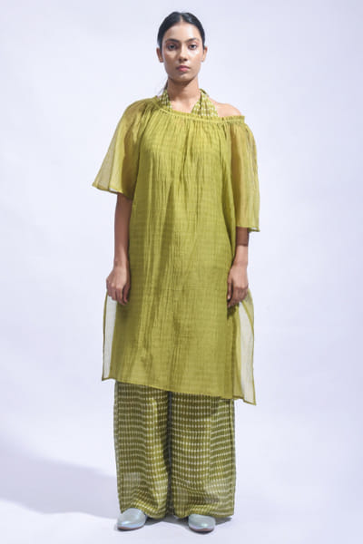 Olive chanderi silk tunic set