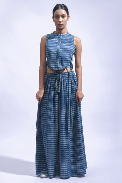 Blue block printed skirt set