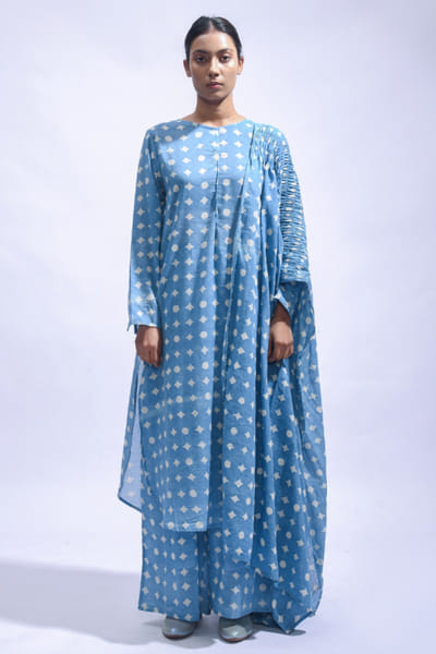 Blue block printed kurta set