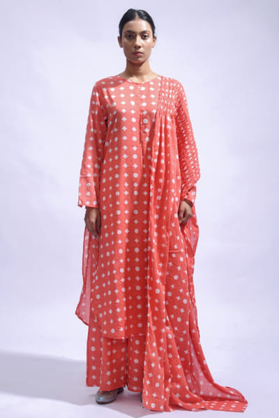 Coral block printed kurta set