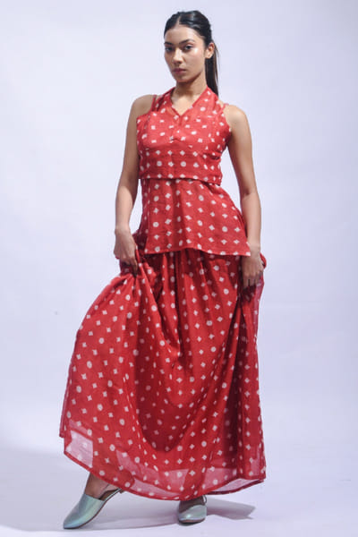 Red block printed skirt set