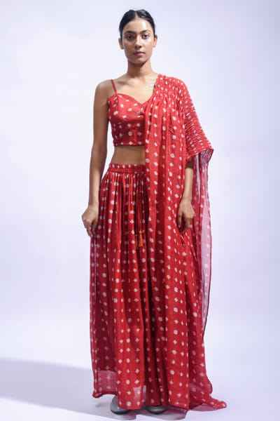 Red block printed silk skirt set