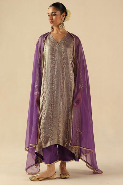 Purple cutdana embroidered kurta set