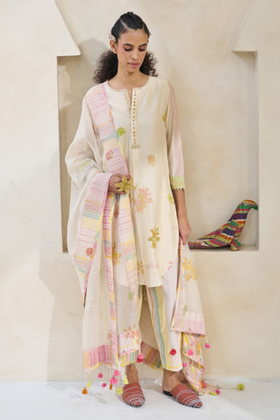 White hand block printed high-low kurta