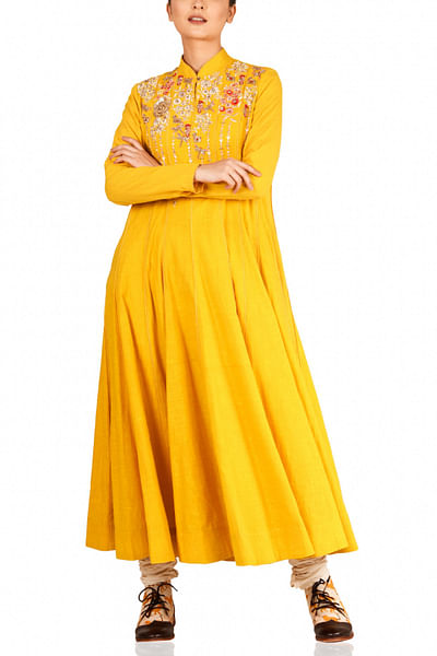 Yellow floral embroidered kalidar