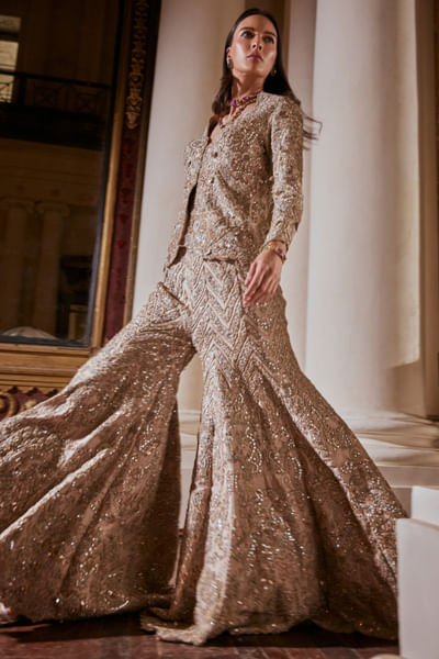 Grey zardozi embroidered jacket sharara set