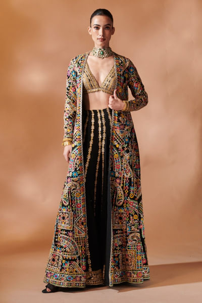 Black resham embroidered jacket sharara set