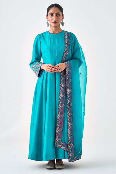 Turquoise zari embroidered anarkali set