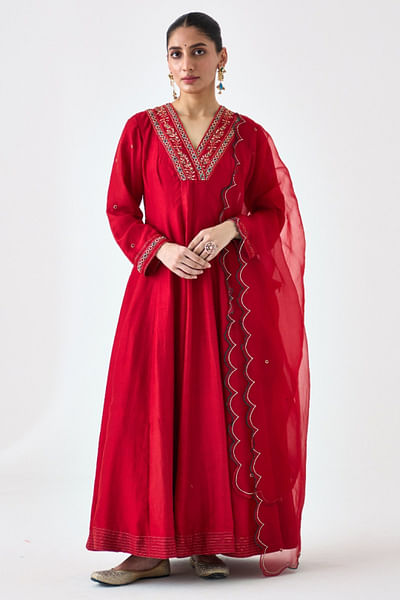 Red zari embroidered anarkali set