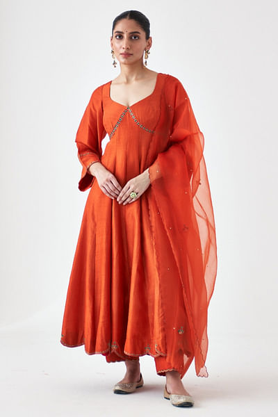 Rust zari embroidered anarkali set