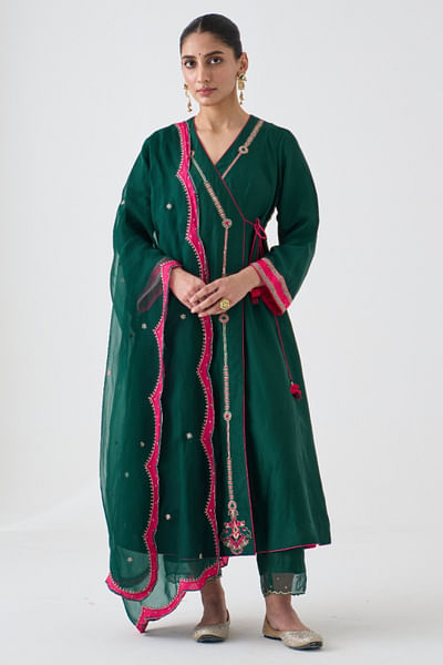 Green zari embroidered angrakha set