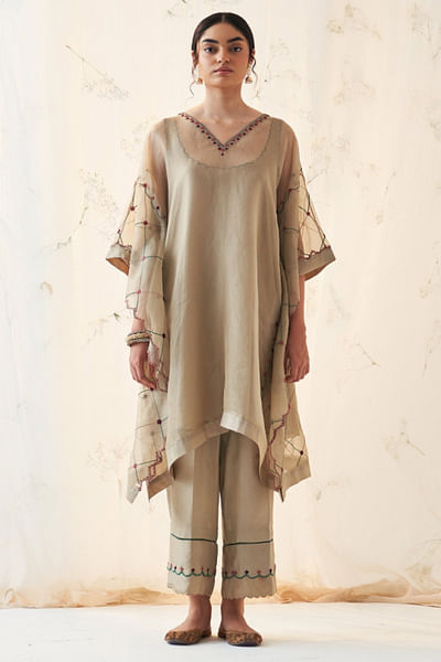 Olive thread embroidered kaftan set