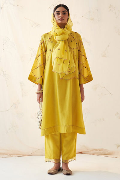 Yellow thread embroidered kurta set