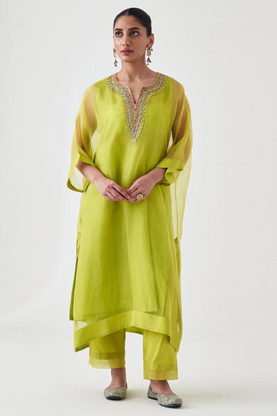 Lime green zari embroidered kaftan set
