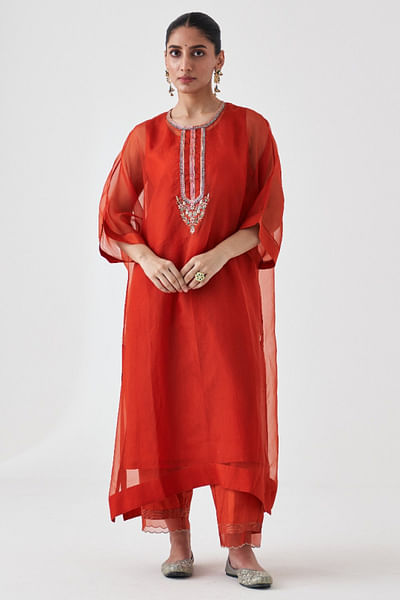 Rust zari embroidered kaftan set