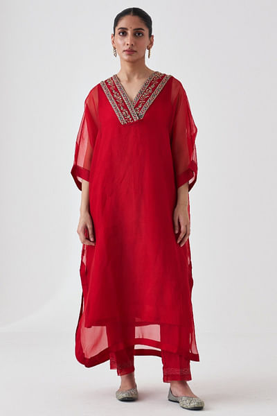 Marron zari embroidered kaftan set