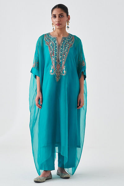 Turquoise zari embroidered kaftan set